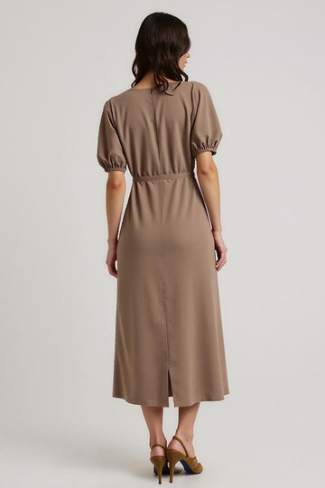 Coffee A Line Midi Wedding Guest Dress with Puff Sleeves